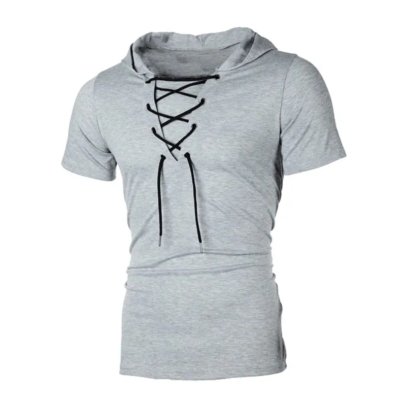 Men T Shirt Summer Personality Hooded Tees Lacing Short Sleeve