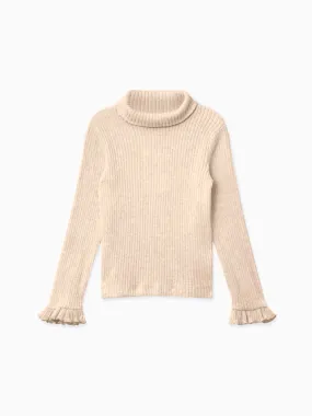 Oatmeal Melange Simone Roll Neck Long Sleeve Girl Top