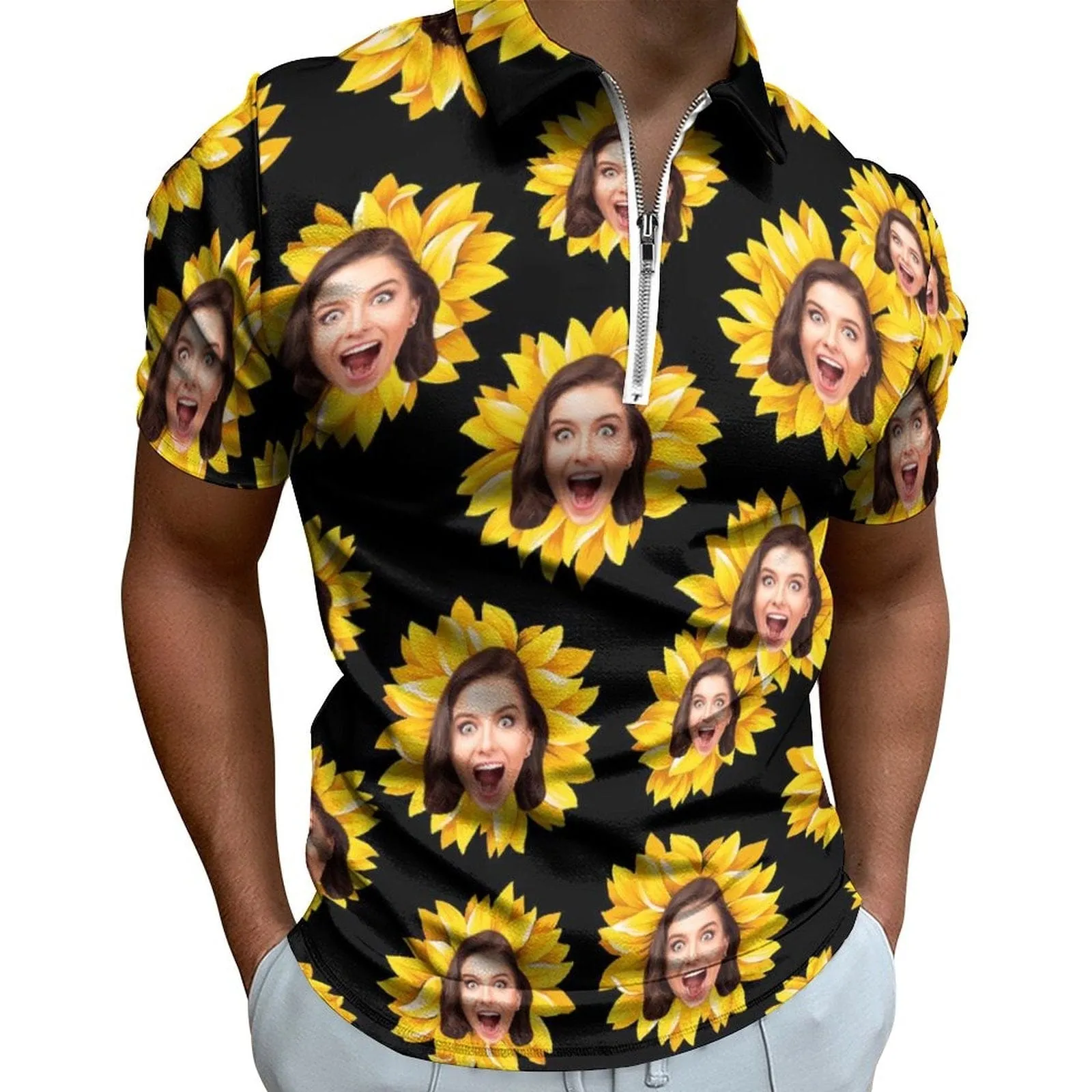 #Plus-Size Custom Face Sunflower Men's Short Sleeve Polo Shirt Personalized Zipper All Over Print Golf Shirt