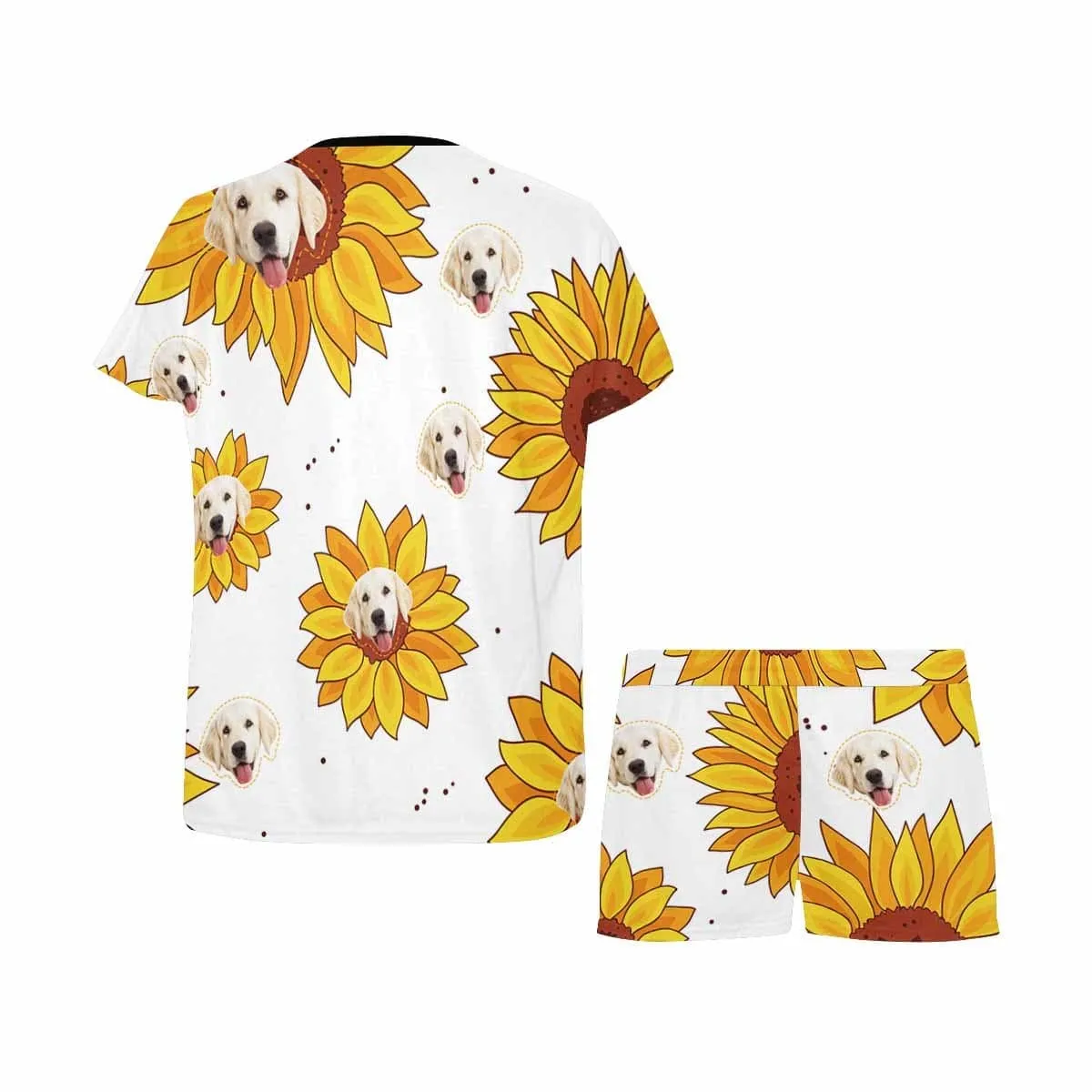 #Plus Size Pajamas-Custom Womens Short Pajamas Yellow Sunflower Loungewear Face Personalized Women's Short Pajama Set