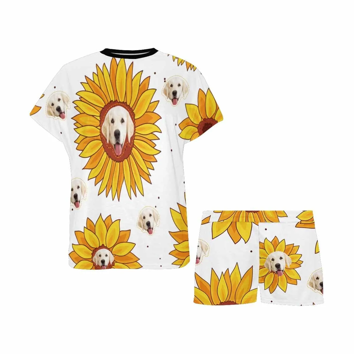 #Plus Size Pajamas-Custom Womens Short Pajamas Yellow Sunflower Loungewear Face Personalized Women's Short Pajama Set