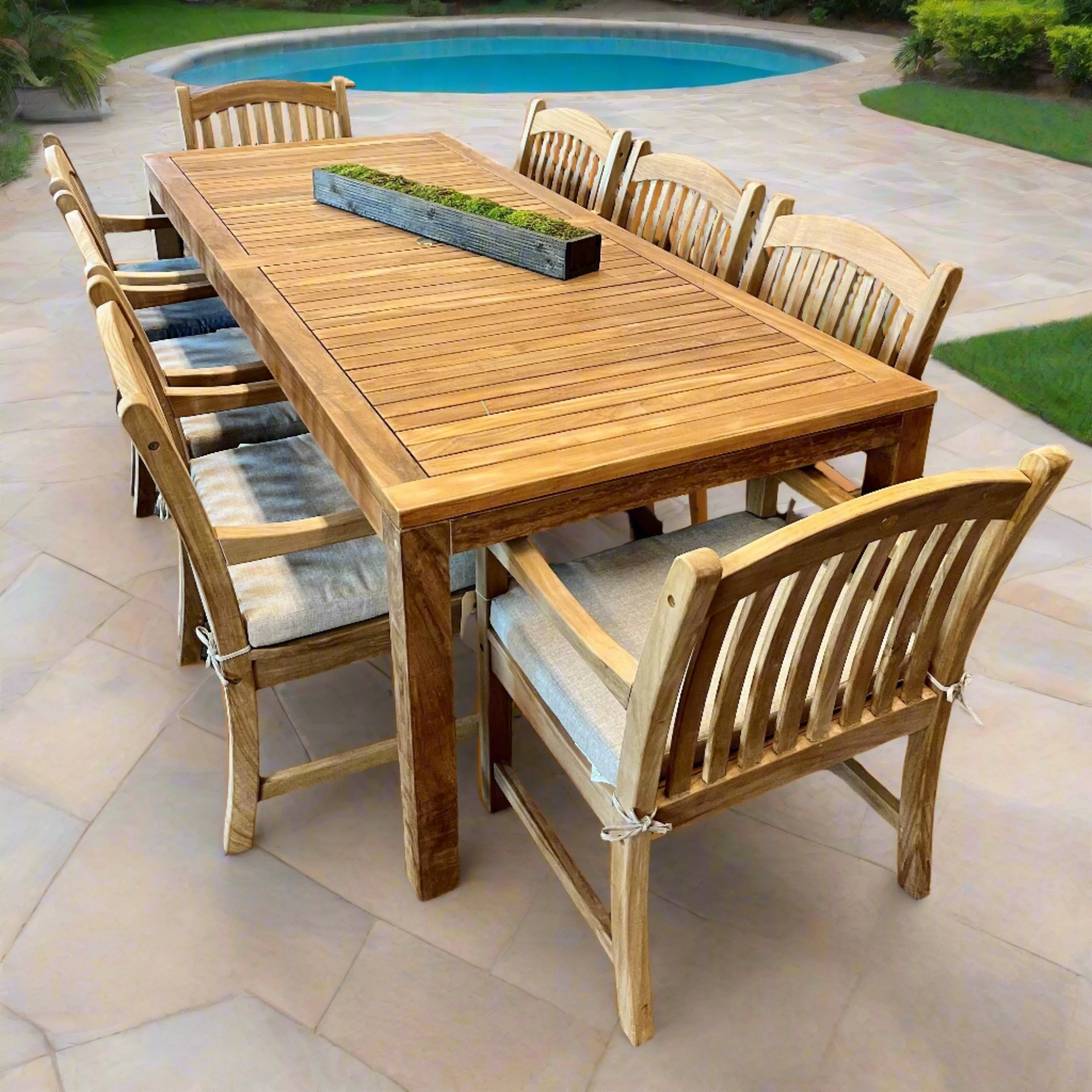 Rinjani Teak 7pc Outdoor Dining Set (Teak 94" Rectangular Table with 6 Tista Teak Armchairs  FREE Cushions)