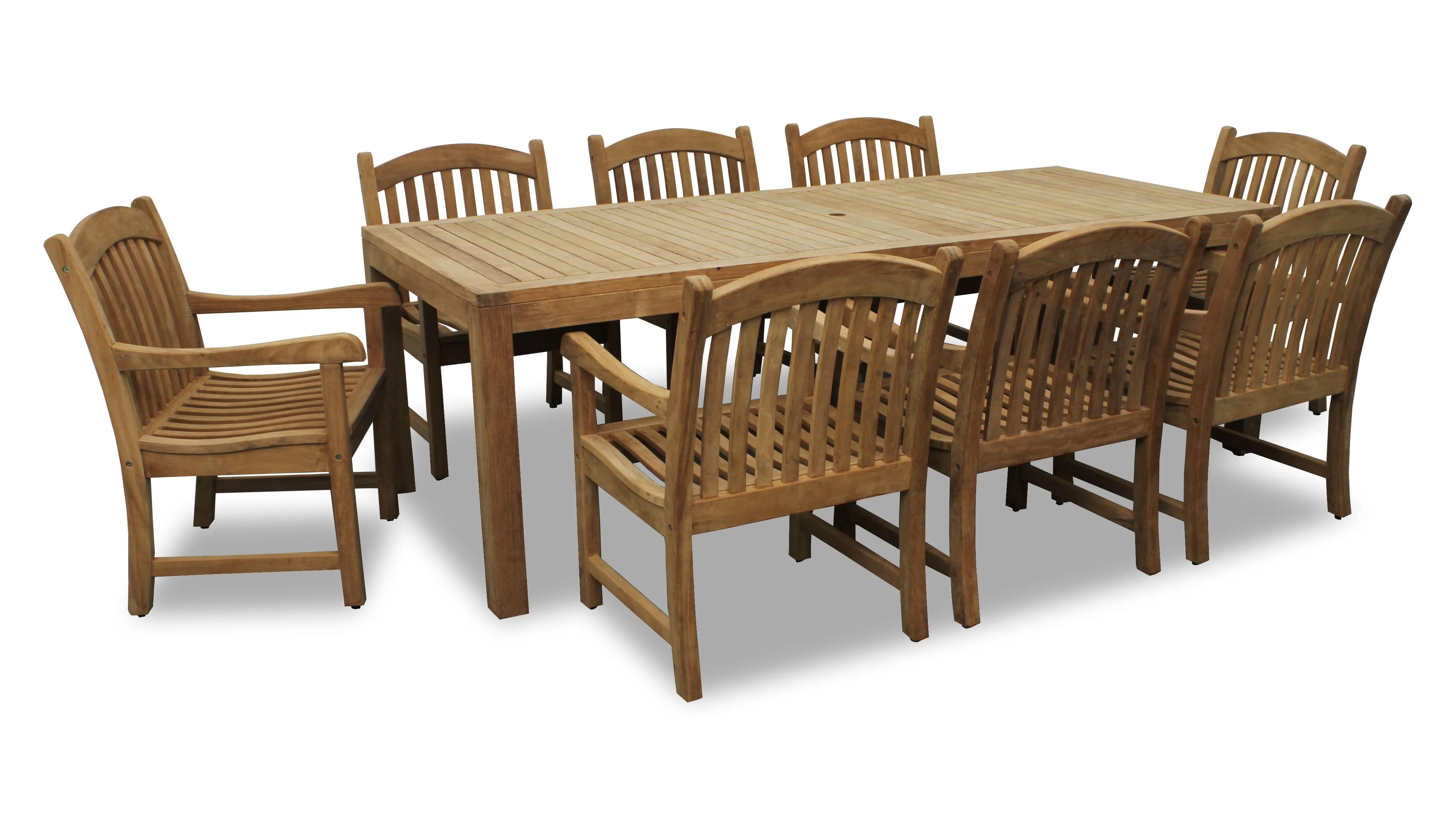 Rinjani Teak 7pc Outdoor Dining Set (Teak 94" Rectangular Table with 6 Tista Teak Armchairs  FREE Cushions)