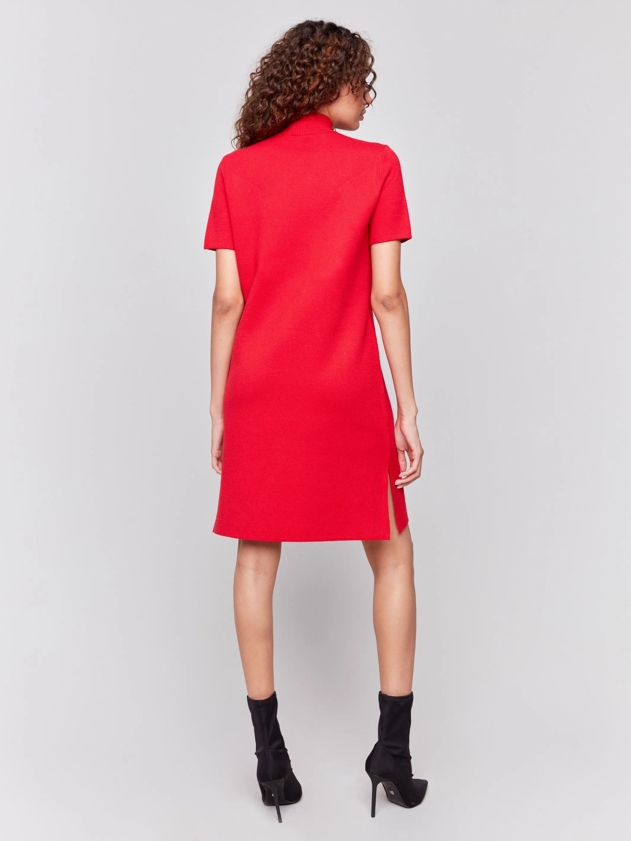 Short-Sleeve Mock Neck Sweater Dress - Cranberry