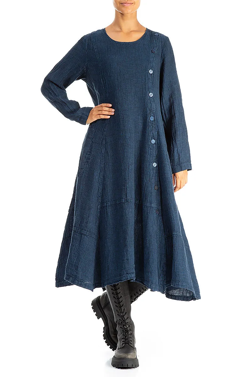 Side Buttons Azure Mélange Linen Dress