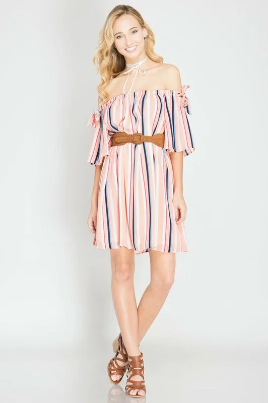 Striped Off Shoulder Silk Dress