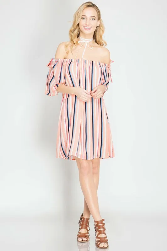 Striped Off Shoulder Silk Dress