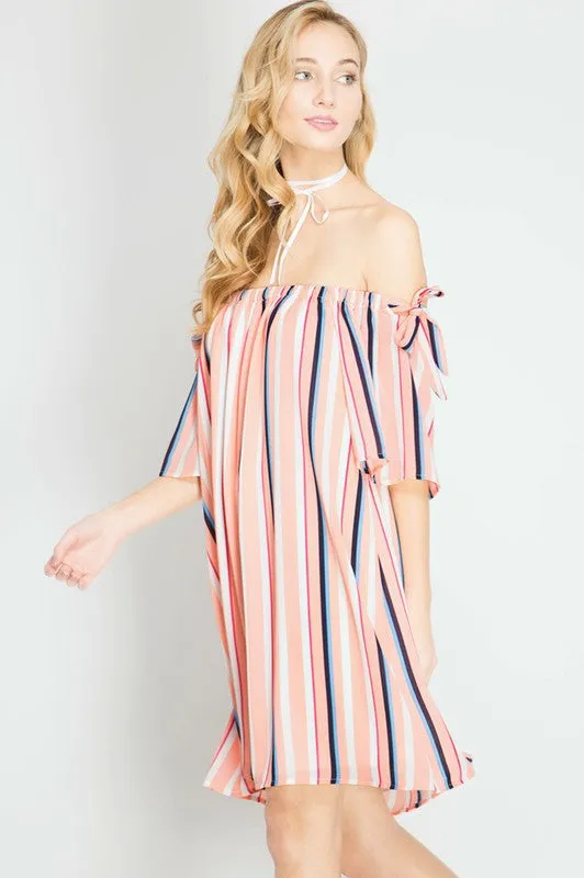 Striped Off Shoulder Silk Dress