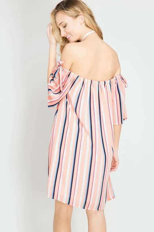 Striped Off Shoulder Silk Dress