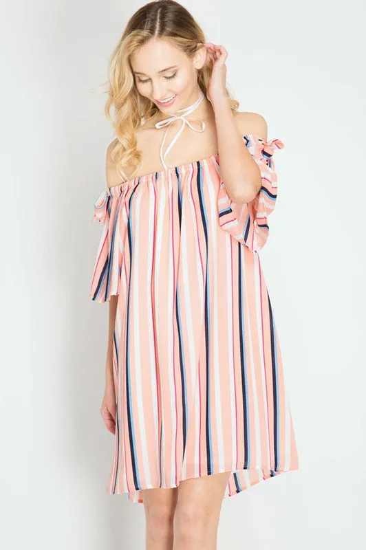 Striped Off Shoulder Silk Dress