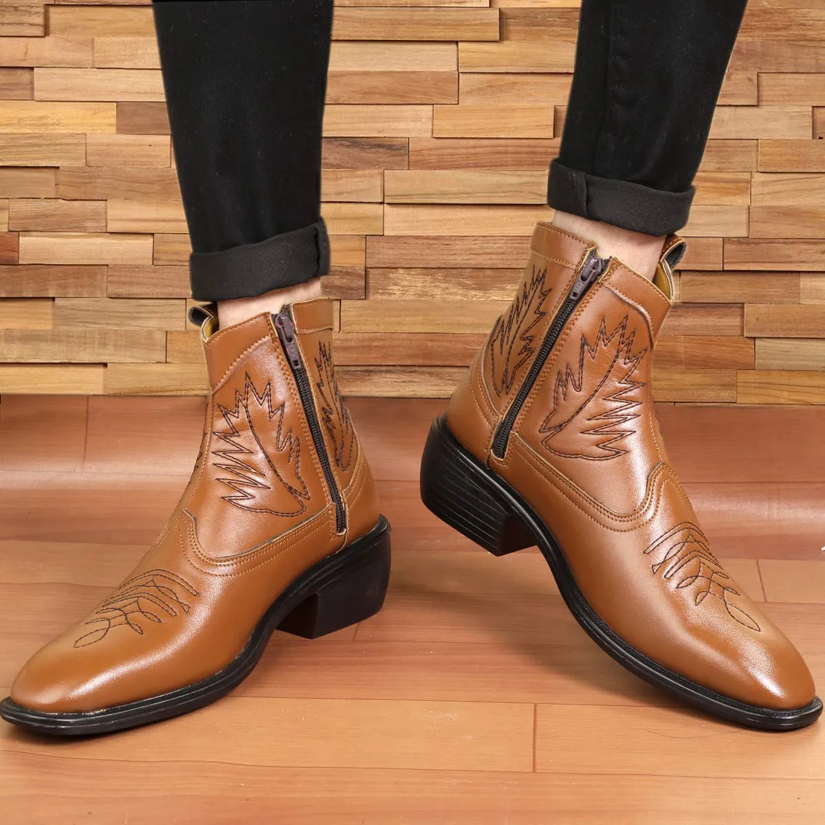 Stylish High Ankle Tan Casual And Formal Boot With Leaf Pattern-JonasParamount