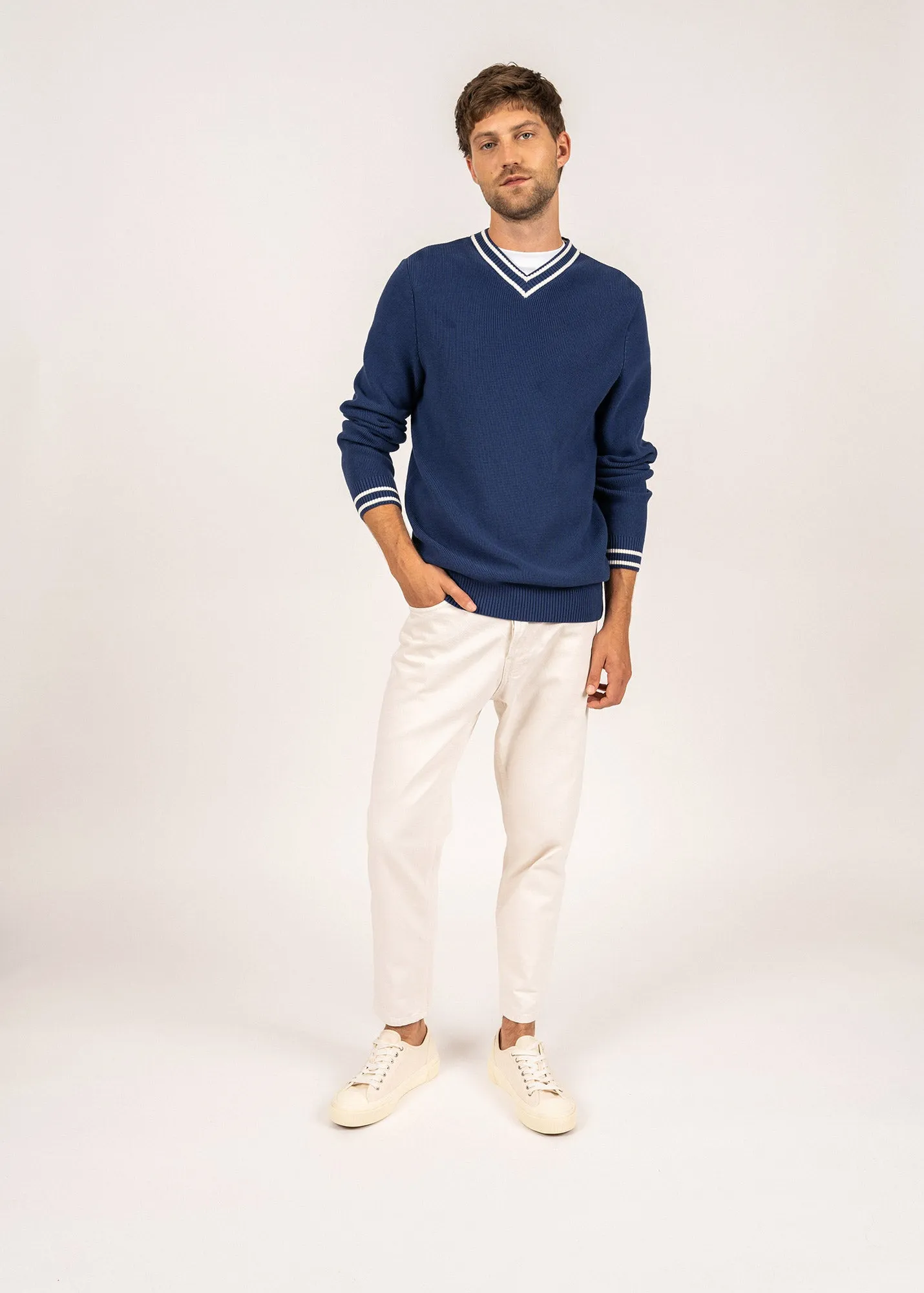 TREGUIER - V-Neck Purl Knit Sweater (INDIGO / IVORY)